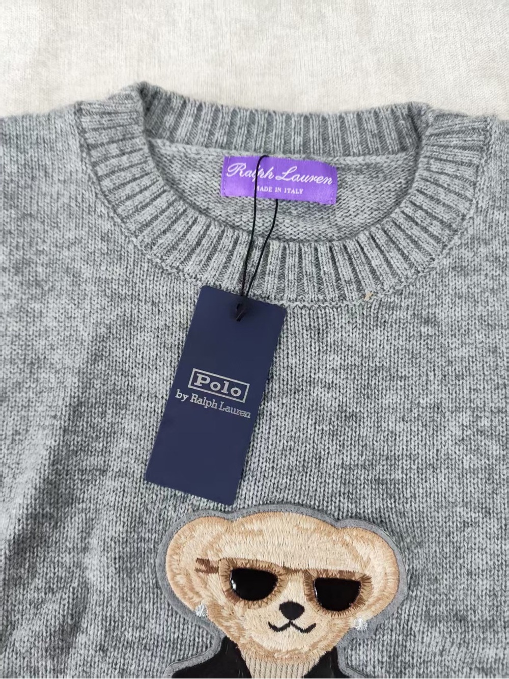 Polo by Ralph Lauren Gray Crewneck Sweater with Bear Appliqué and Brown Accents - Picture 3 of 5